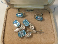 Sterling Silver Blue Crystal Rhinestone Flower Brooch and Earrings Vintage Set