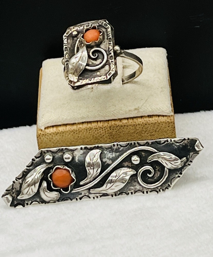 Art Deco German Ivy & Berry CORAL 830 Silver Ring SZ 9.75 & Brooch Spring set