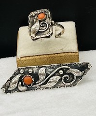 Art Deco German Ivy & Berry CORAL 830 Silver Ring SZ 9.75 & Brooch Spring set