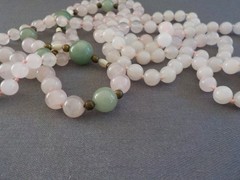 Light Pink Quartz & Green Stone (2) Single Strand Necklace Knotted Bead No Clasp