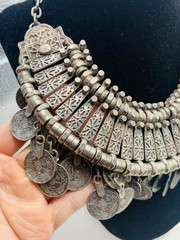 Vintage Silver Tone Boho Ethnic Tribal Coin Coachella Fringe Statement Necklace