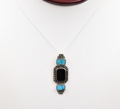 Sterling Silver Art Deco Turquoise Onyx Marcasite Pendant Necklace 18in 6.2g