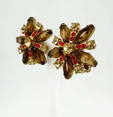 Juliana D&E Book Piece Brown Coffin Rhinestone Gold Bracelet & Clip-On Earrings