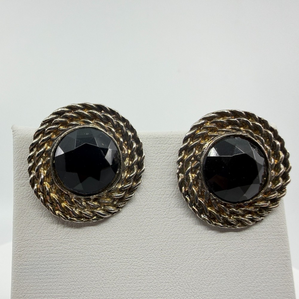 Black Faceted Cabochon Clip-On Earrings Silver Tone Rope Edge Gothic