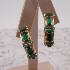 Vintage Unique Green Rhinestone Hinged Hoop Gold Tone Clip Earrings