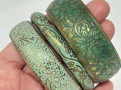 Boho Vintage Style Teal Green Embossed Brass Bangle Bracelet Mixed Set (3) Stack