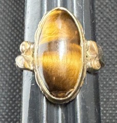 Vintage 10k Filled Toned Yellow Honey Brown Tigers Eye Oval Ring Boho Size 4.5