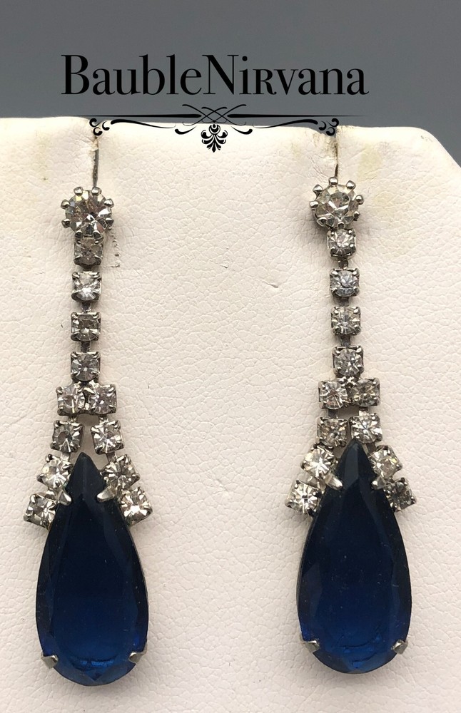Vintage Prong Set Rhinestones&Teardrop Dark Sapphire Blue Glass Dangle Earrings