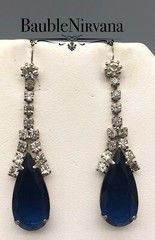 Vintage Prong Set Rhinestones&Teardrop Dark Sapphire Blue Glass Dangle Earrings