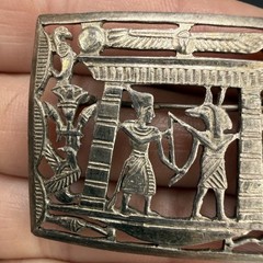 Vintage Egyptian Revival Storyteller Brooch Silver Tone Stamped Trombone Clasp
