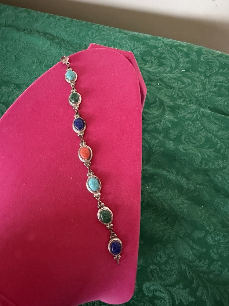 Vintage Sterling Silver Multicolor Scarab Gemstone 7″ Bracelet Coro