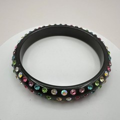 Vintage 80s Black Bangle Bracelet Multicolor Glass Inset Classic Fashion Jewelry