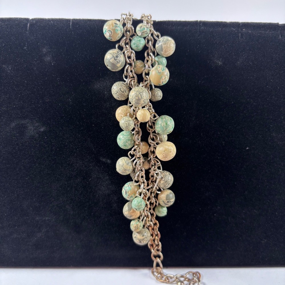Vintage Multi-Chain Beaded Charm Bracelet Green Tan Swirl Resin Ball Beads 8″