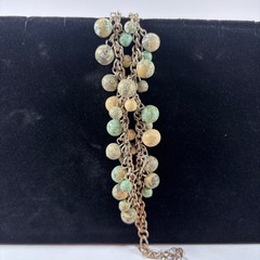 Vintage Multi-Chain Beaded Charm Bracelet Green Tan Swirl Resin Ball Beads 8″