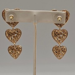 Triple Heart Dangle Earrings Gold Tone Clear Rhinestone Acrylic Statement 2.25″