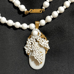 Vintage Mariam Haskell Milk Glass Bead Neck Signed Clasp / Pendant 20”
