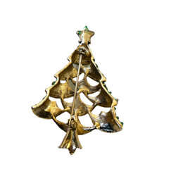 Christmas Tree Vintage Brooch Green Enamel Clear Rhinestones Cut-Outs