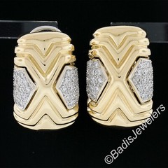 Roberto Casarin 18K TT Gold 0.60ctw Pave Set Diamond Wide Grooved Cuff Earrings