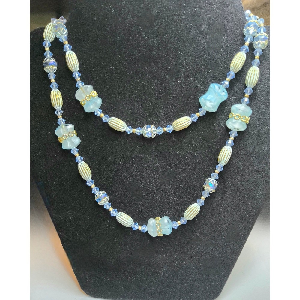 Vintage 1950s 1960s Aqua Glass Crystal Long Beaded Necklace AB Mid Century 33″