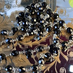 58” Black Faceted Glass Bead Sautoir Necklace – Silvertone Spacers – Spring Ring