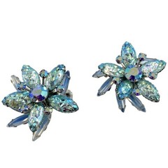 Vintage Judy Lee Blue Iridescent Glass Floral Clip Earrings AB Rhinestone 1960s
