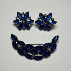 Vintage Unsigned Royal Blue Glass and Rhinestone Brooch and Earring Set