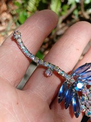 Vintage Unsigned Dragonfly Flower Pin Brooch Blue AB Rhinestone Prong Set 3.25″