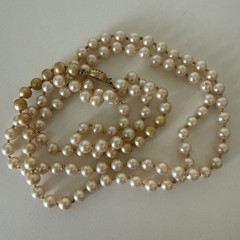 Marvella Pearls Faux Necklace Long Stamped Gold Tone Vintage Jewelry