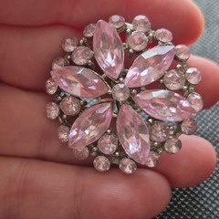Vintage Floral Brooch Pin Silver Tone Metal Pink Rhinestone Starburst 1/2 Inches