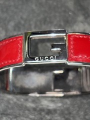 Rare GUCCI Bangle Vintage Red Leather G Logo Open Cuff Bracelet Adjustable