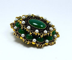 Gold Tone Faux Pearls & Cabochon Acrylic Stones Brooch Contemporary