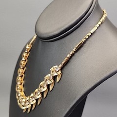 Vintage Linked Necklace Fold Over Gold Tone Textured Clear Rhinestones 16″