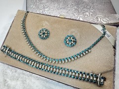 VTG B. David Faux-Emerald Rhinestone F Seed Pearl Necklace Earrings Bracelet SET
