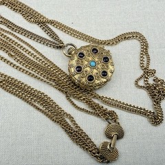 Vintage Goldette Trinket Locket Multi Strand Chain 30-42″ Blue Red Scrollwork