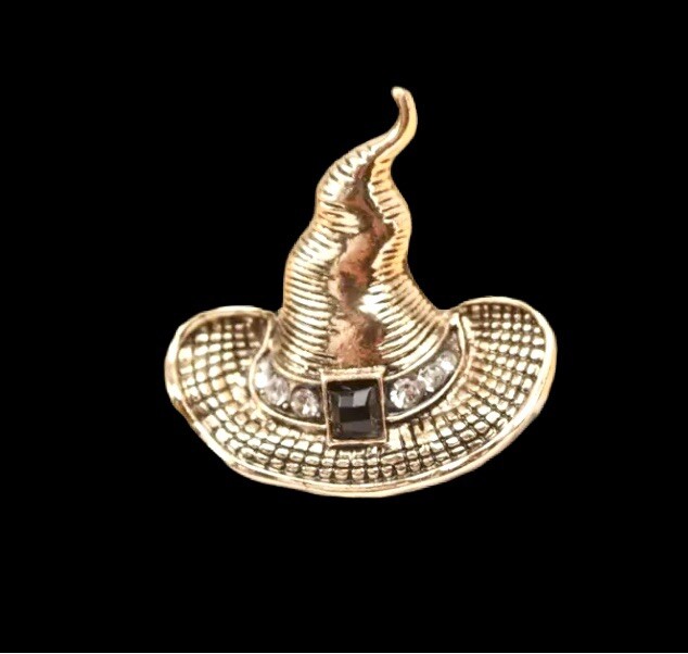 Antique Theme Gold Tone & Crystal Witch’s Hat Brooch
