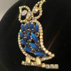 Large Vintage Figural Blue and Aurora Borealis Rhinestone Owl Bird Brooch Pin