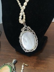 Lot of 4 Cameo Pendants Carved Shell Silver Tone With Pearl Necklace & Bracelet