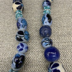 Vintage Artisan Necklace Ceramic Hand Painted Beads Blue White Floral 30 Inches