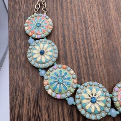 Vintage Boho Hippie Multicolor Enamel Flower Coin Beaded Goldtone Chain Necklace