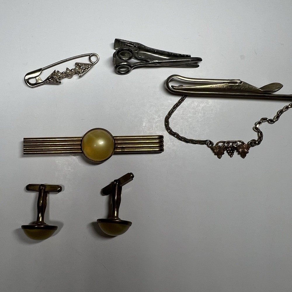 Vintage Mens Cufflinks Tie Bar Lot 6pc Nu-Lok Grape Leaf Scissors Set Spot
