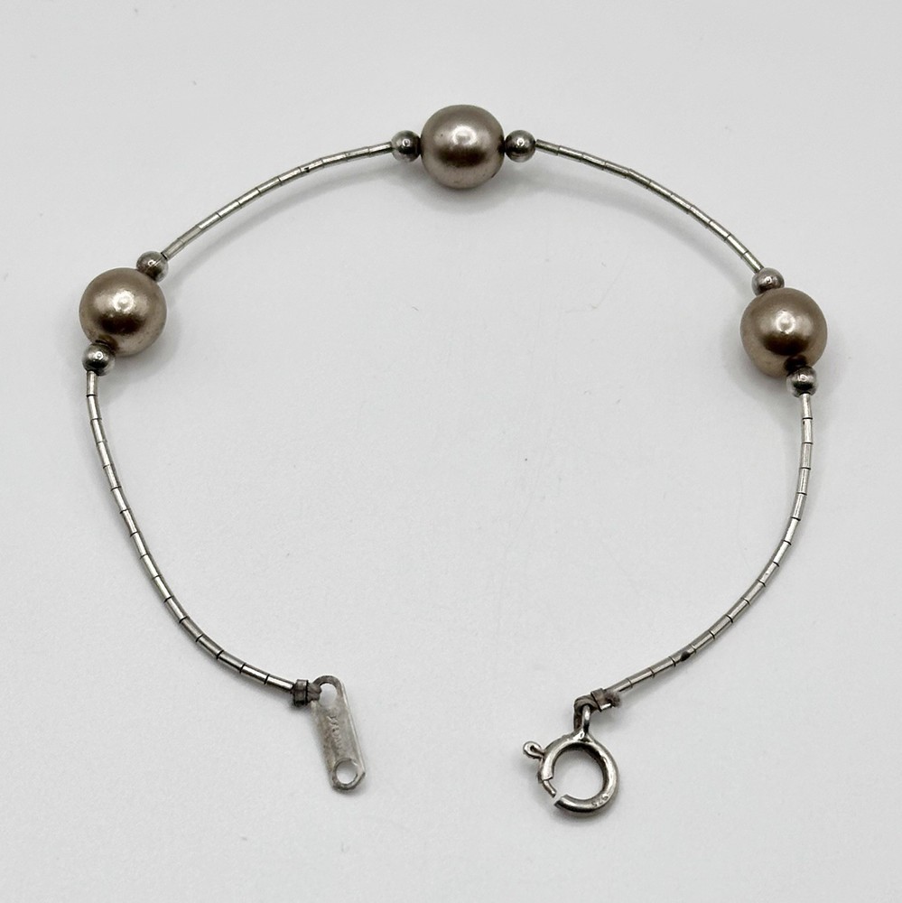 Vintage Sterling Silver 925 Barrel Bead Bracelet Signed 6.75”