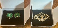 Vintage NOS In Box Avon Gold Tone Lucky Clover Earrings & Charming Claddagh Pin