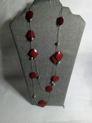 Vintage Necklace 13 Inch 2 Rows Silver Tone Chain With Red Enameled Beads