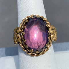 Vintage Ring Czech Glass Purple Cabochon Twisted Brass Adjustable Filigree Bezel