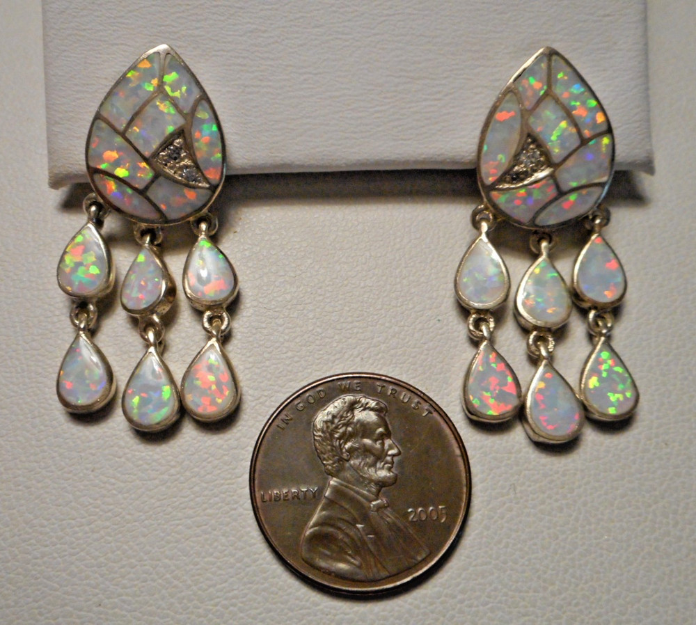 Beautiful Sterling & Opal Mosaic Pierced Earrings w Triple Drops post style