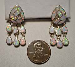 Beautiful Sterling & Opal Mosaic Pierced Earrings w Triple Drops post style