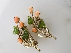 SET Vintage “SWOBODA” Coral Flowers & Jade Leafs Gold Plated Brooch Pin