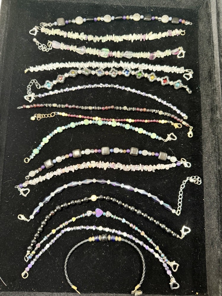 15 Pc Artisan Gemstone Beaded Bracelet Lot Handmade Crystal Hematite Chip Glass