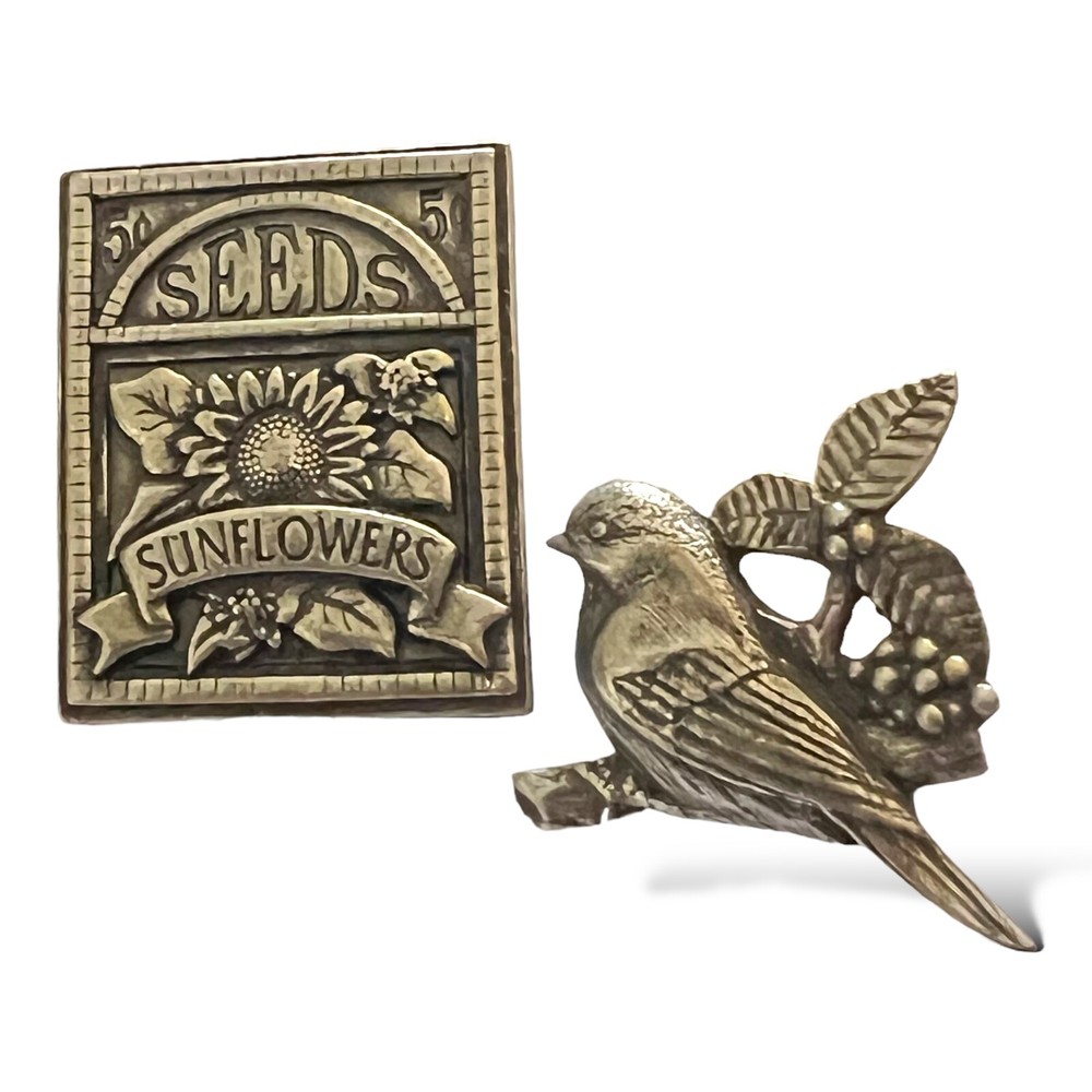 Birds and Blooms Pewter Brooch Set of 2 Sunflower Seed Packet Bird Pin 2002 2003