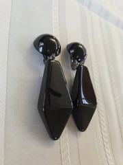 Vintage Black Faceted Drop Dangle Earrings Acrylic Silver Tone 3in Long
